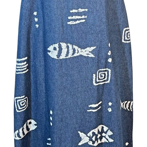 Blue J Denim Jean Jumper Dress Size Medium Fish Print Abstract Y2K Cotton VTG - Picture 2 of 9